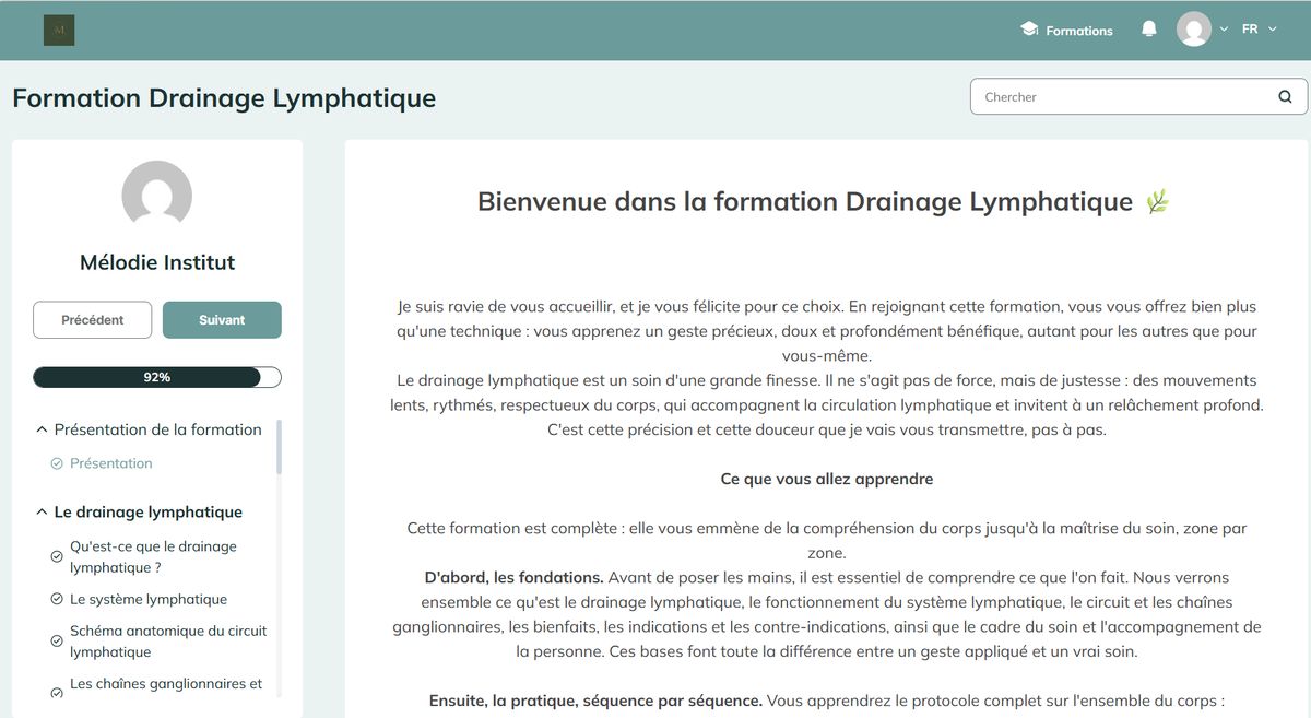 Espace élève de la formation drainage lymphatique, avec le sommaire des modules