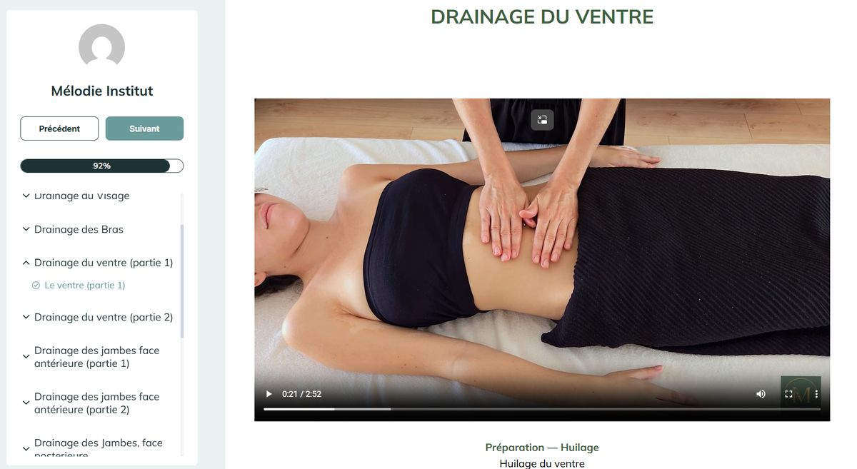 Séquence vidéo de drainage du ventre avec son protocole écrit